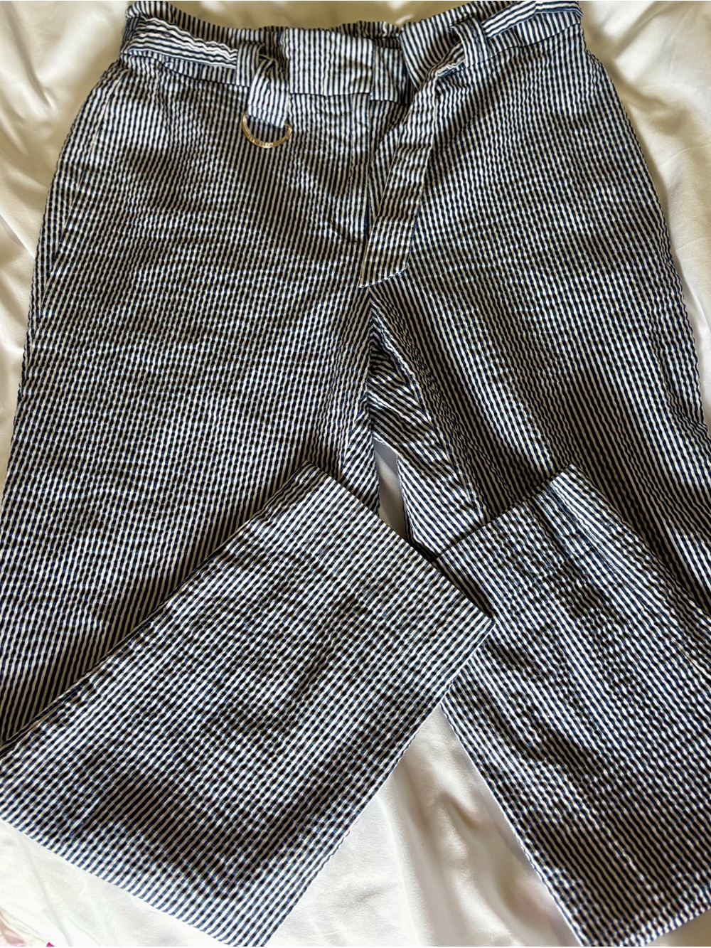 Anne Klein Blue White Seersucker Striped Pants Trousers-M